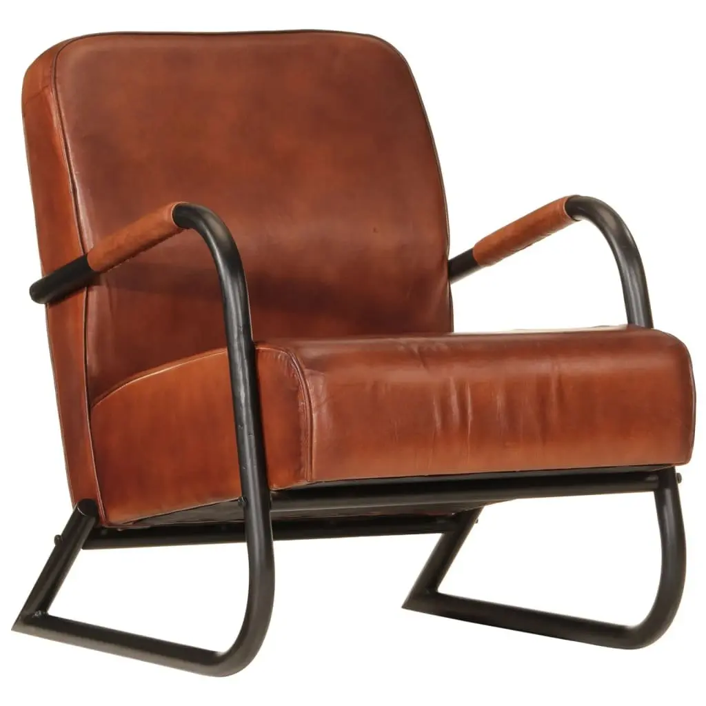 Armchair Real Leather Brown Single Sofa Chair Iron Frame
