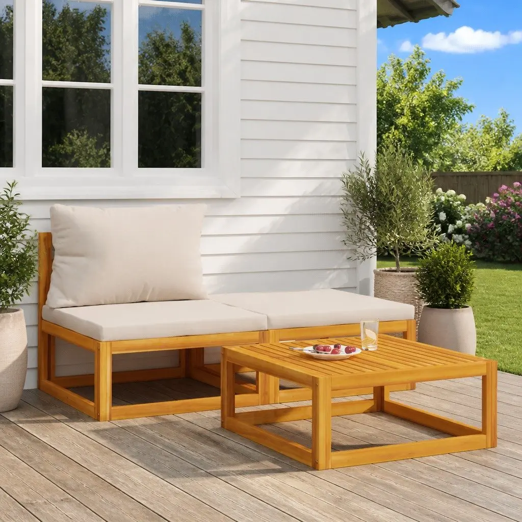 3 Piece Garden Lounge Set Solid Acacia Wood Grey Cushions Coffee Table