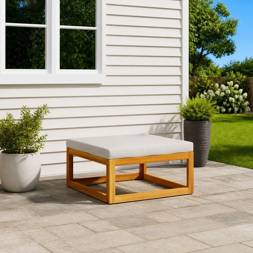 Outdoor Footrest Solid Acacia Wood Grey Cushion Garden Seating Ottoman