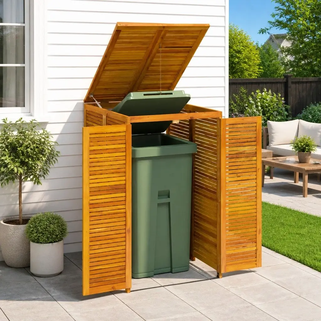 Solid Wood Garbage Bin Shed Single Waste Container Enclosure Garden Storage