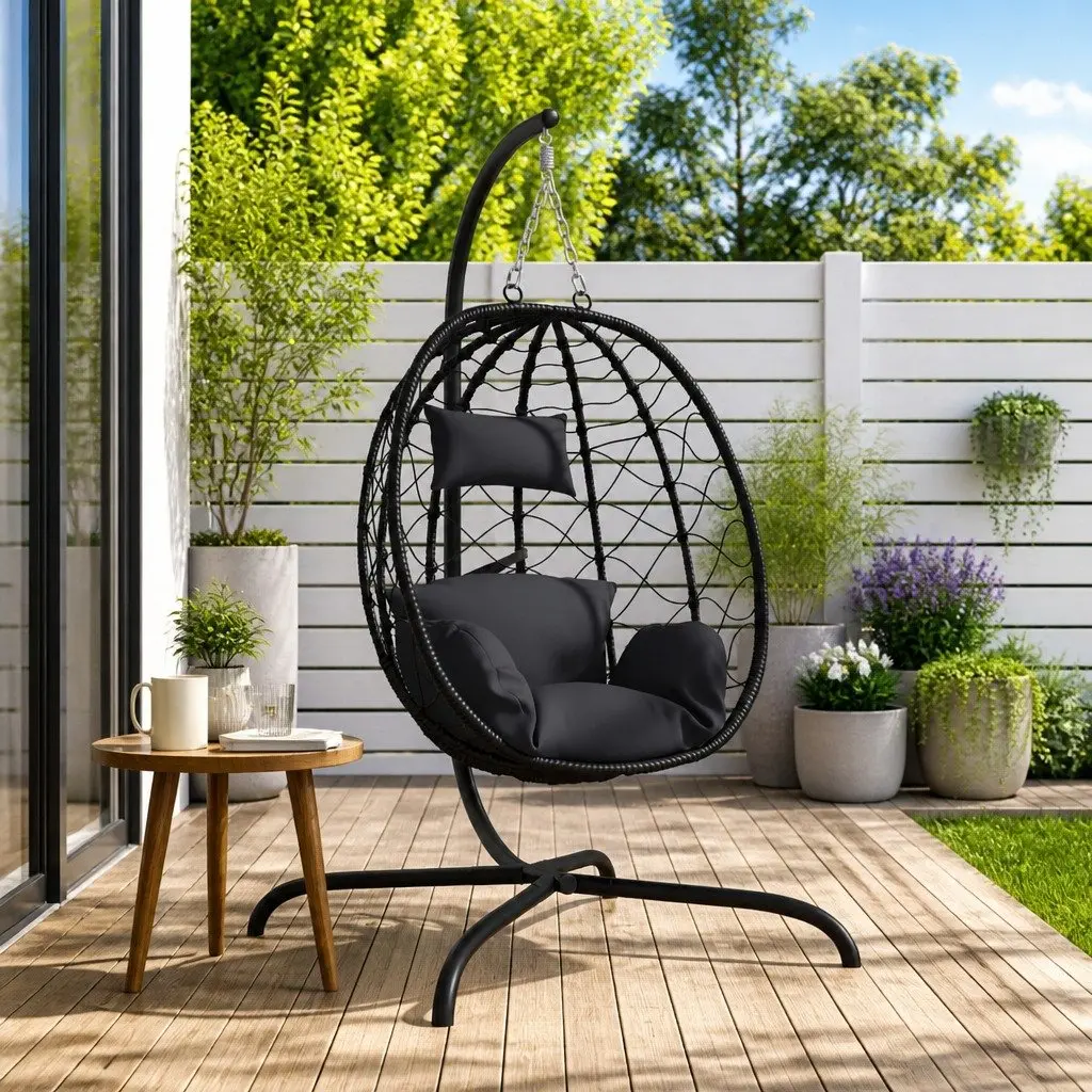 Hanging Egg Chair Outdoor Garden Swing Seat Poly Rattan Steel Frame Cushion