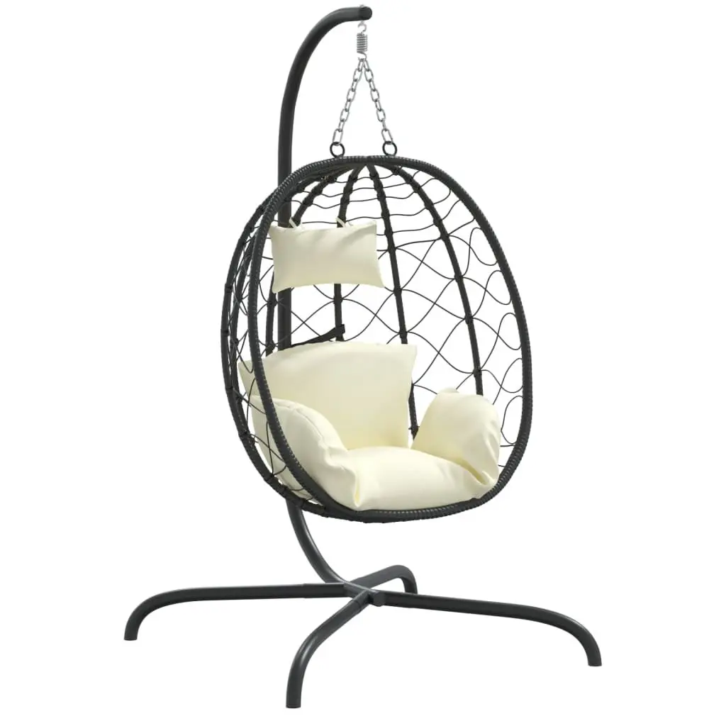 Hanging Egg Chair Cream Outdoor Rattan Swing with Padded Cushion for Relaxation