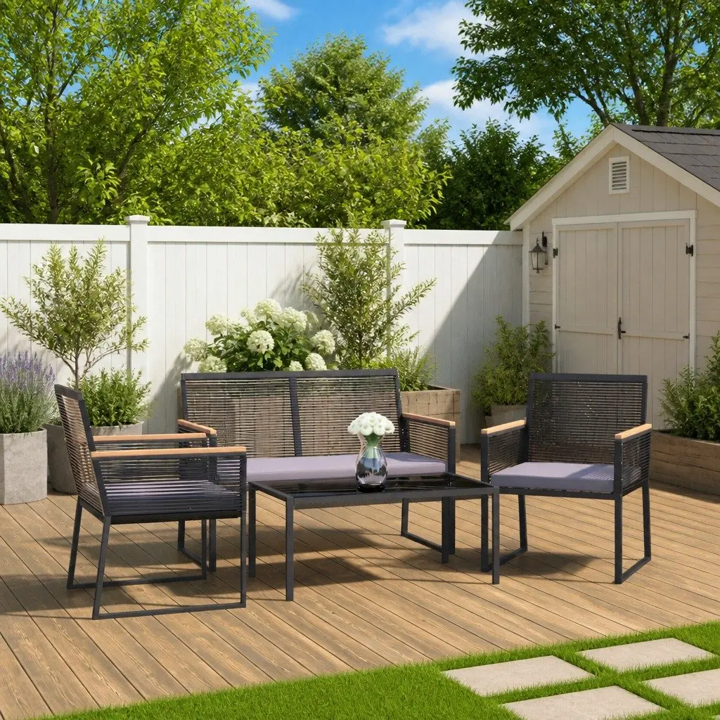 4 Piece Outdoor Furniture Set Garden Lounge Black Padded Cushions Steel Frame