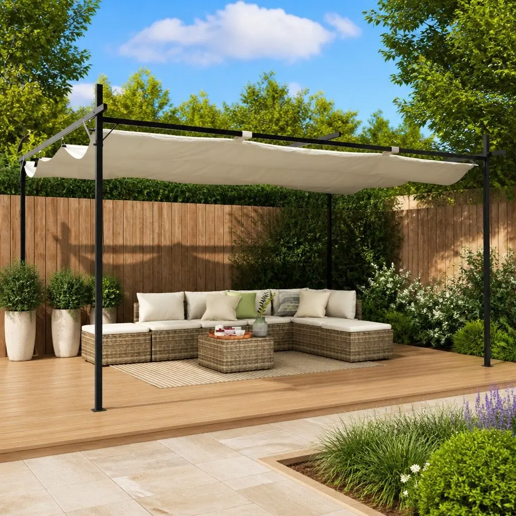 Pergola Outdoor Garden Shelter Retractable Roof Cream 395L x 292W x 230H cm