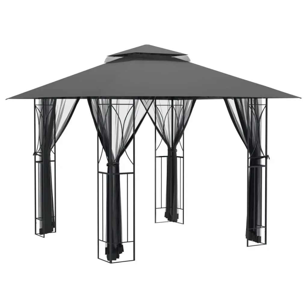 Gazebo Steel Frame 300x300x270cm Anthracite Double-Tiered Roof Mesh Sidewalls