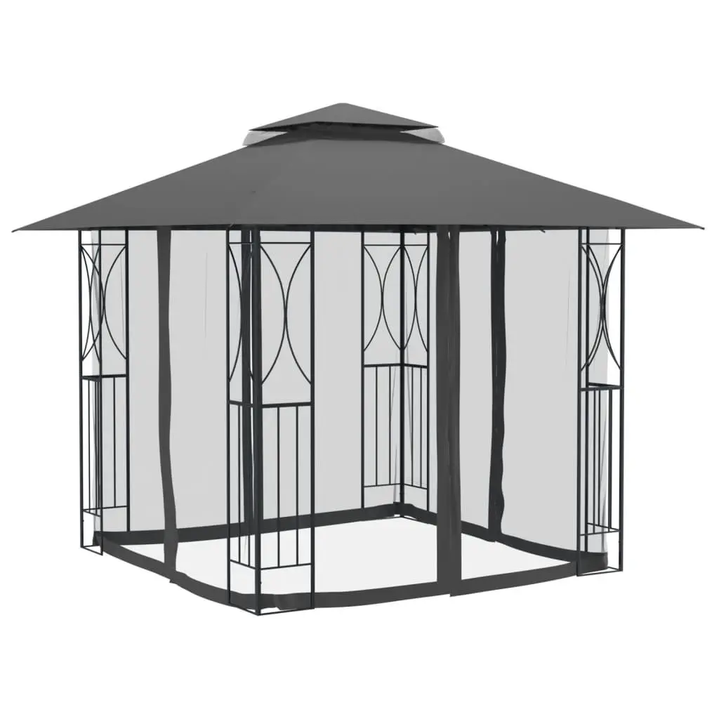 Gazebo Steel Frame 300x300x270cm Anthracite Double-Tiered Roof Mesh Sidewalls