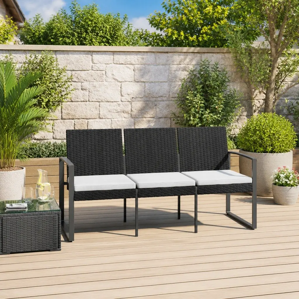 Black Outdoor 3-Seater Bench Powder Coated Steel with Cushions Patio Furniture