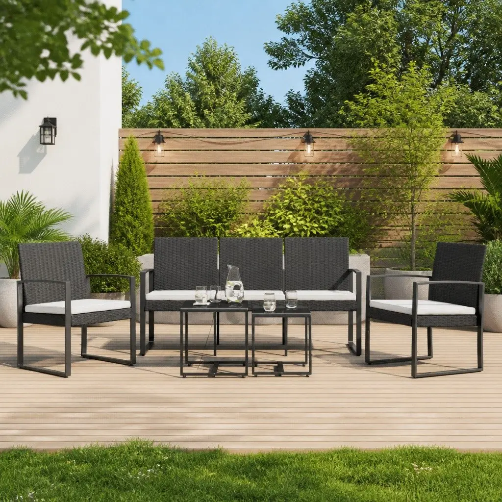 Garden Dining Set Steel 5 Piece Outdoor Furniture Patio Table Black Cushioned Chairs