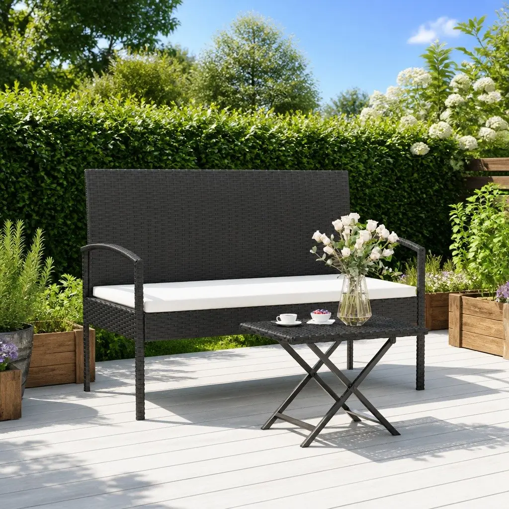 Garden Bench Poly Rattan 105cm Black Outdoor Seating with Cushion