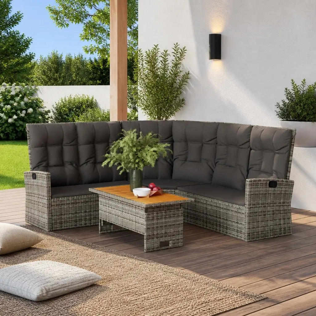 2 Piece Patio Lounge Set Grey PE Rattan with Adjustable Backrest and Acacia Wood Lift Top Table