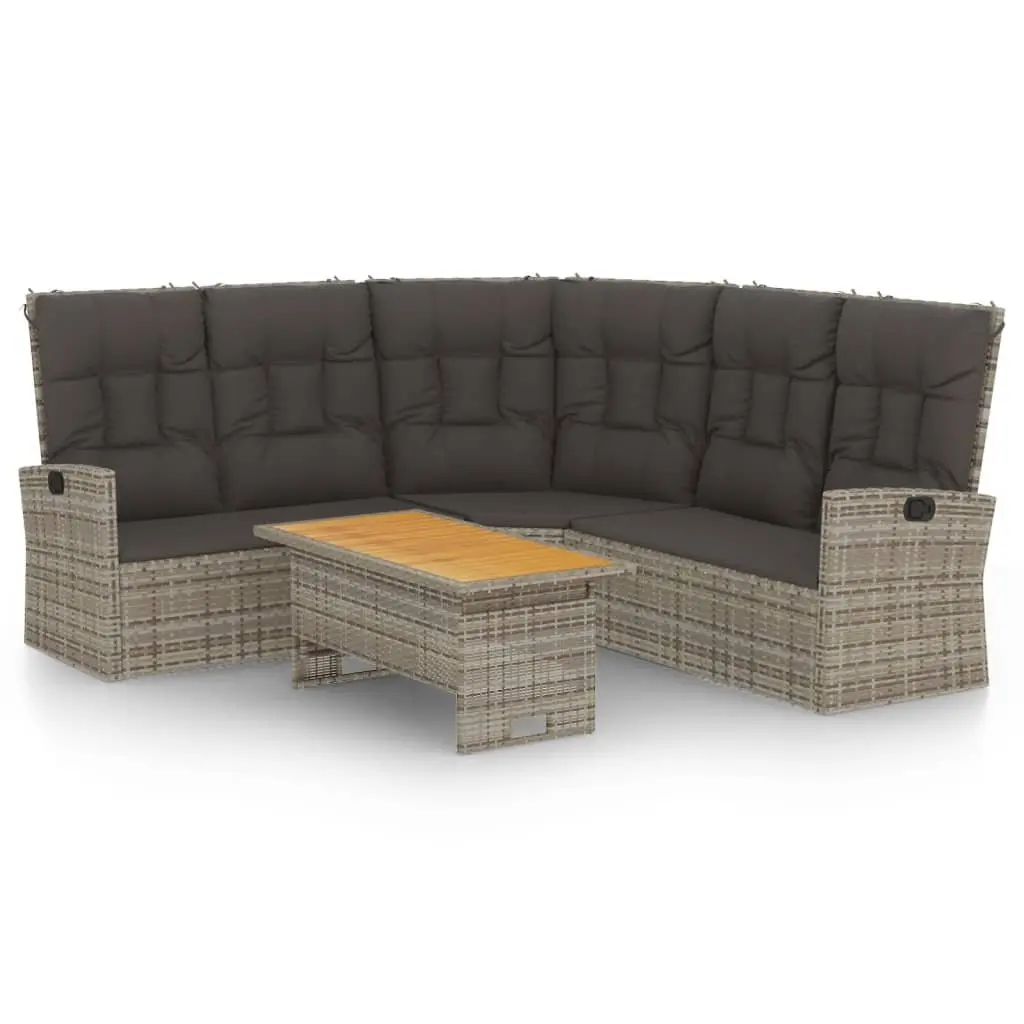 2 Piece Patio Lounge Set Grey PE Rattan with Adjustable Backrest and Acacia Wood Lift Top Table