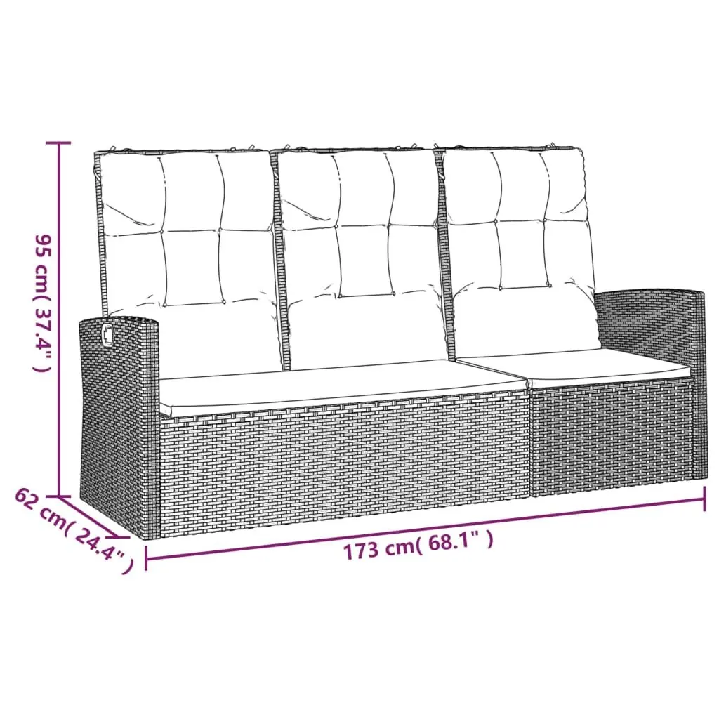 Reclining Garden Bench PE Rattan 173cm Black Adjustable Outdoor Seating