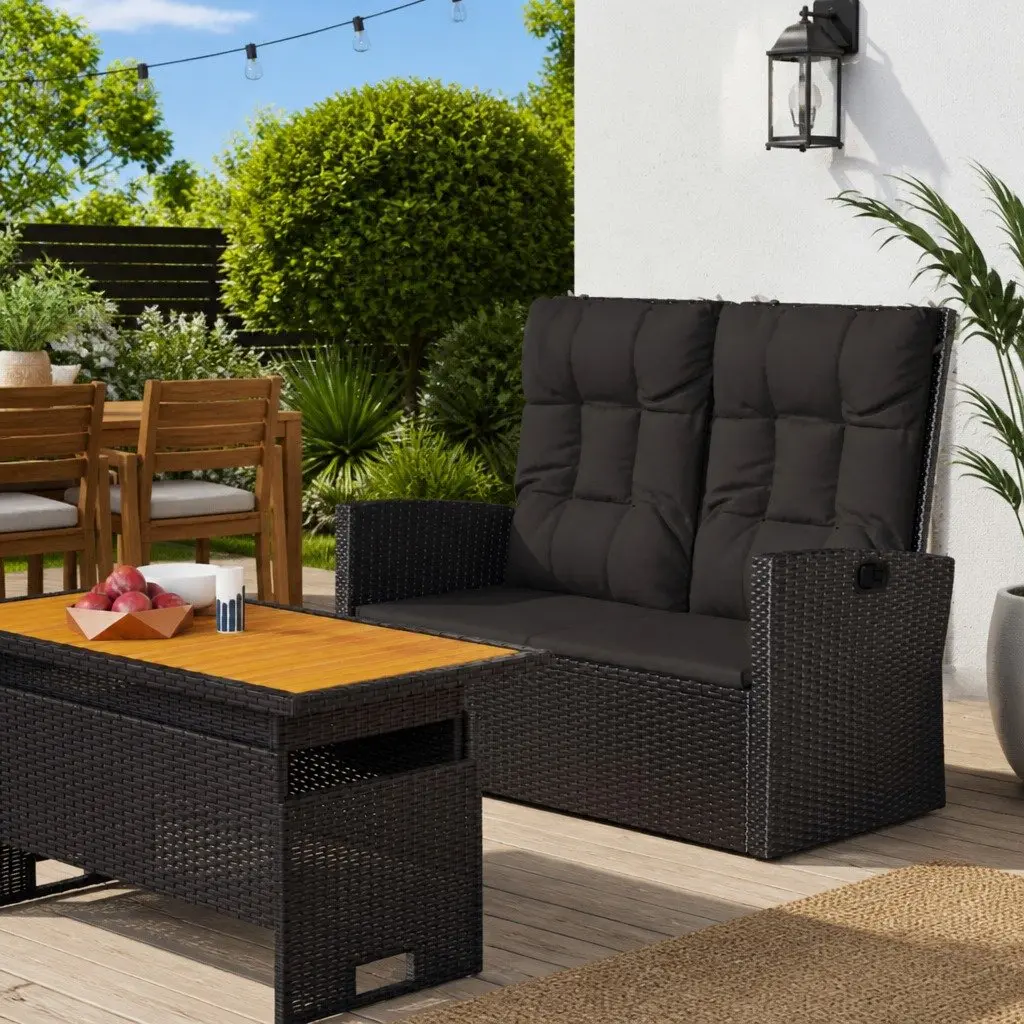 Reclining Garden Bench PE Rattan Adjustable Backrest Black