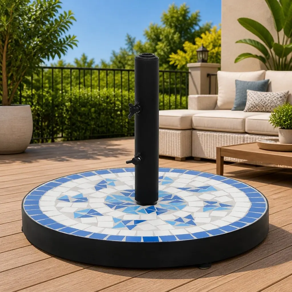 Parasol Base Round Ceramic Tile Blue White Iron Outdoor Umbrella Stand
