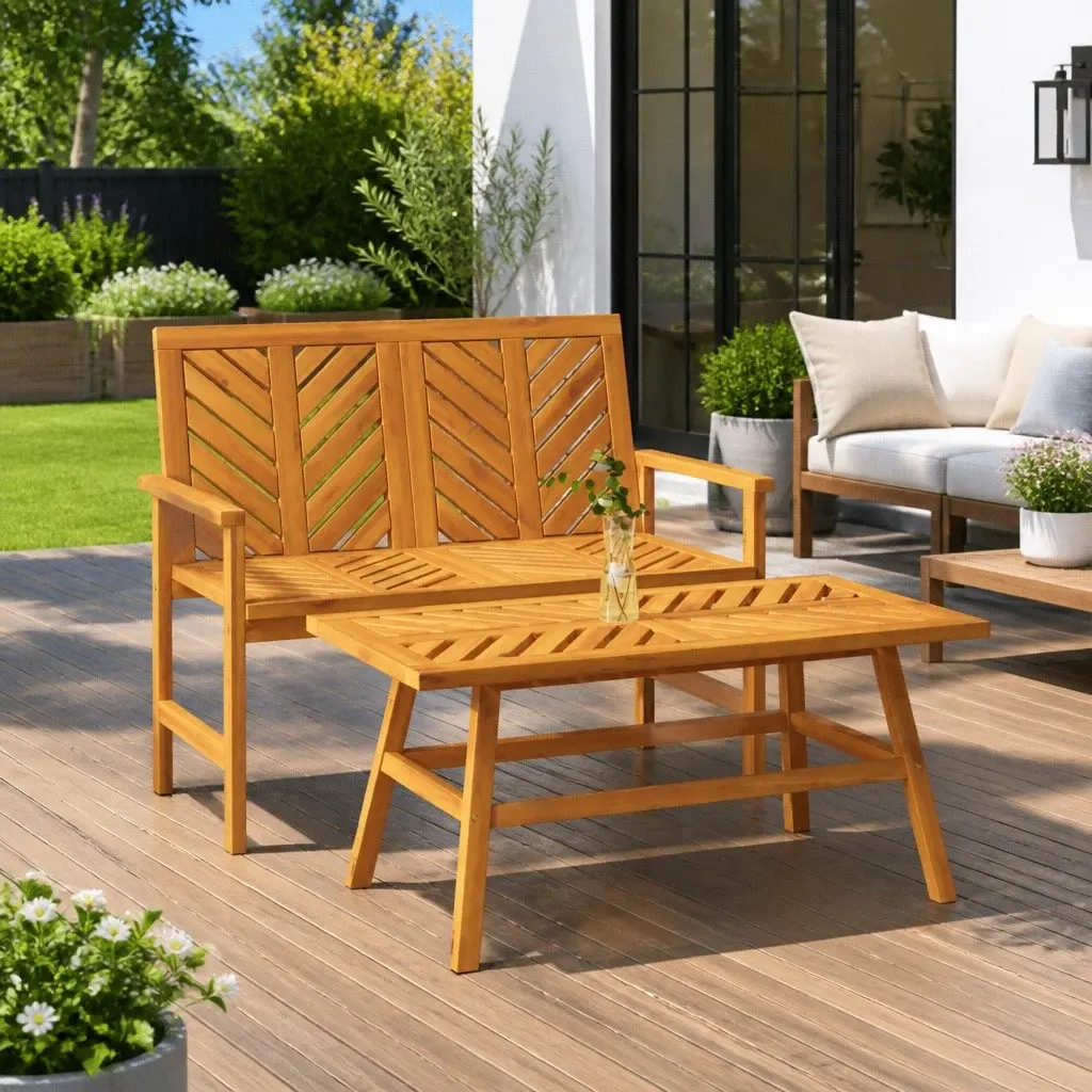 2 Piece Garden Lounge Set Solid Acacia Wood Brown Outdoor Furniture with Armrests
