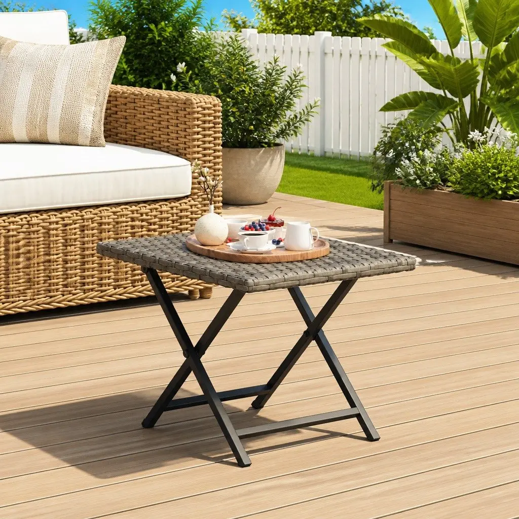 Folding Table Poly Rattan Grey 45x35x32 cm Garden Patio Furniture