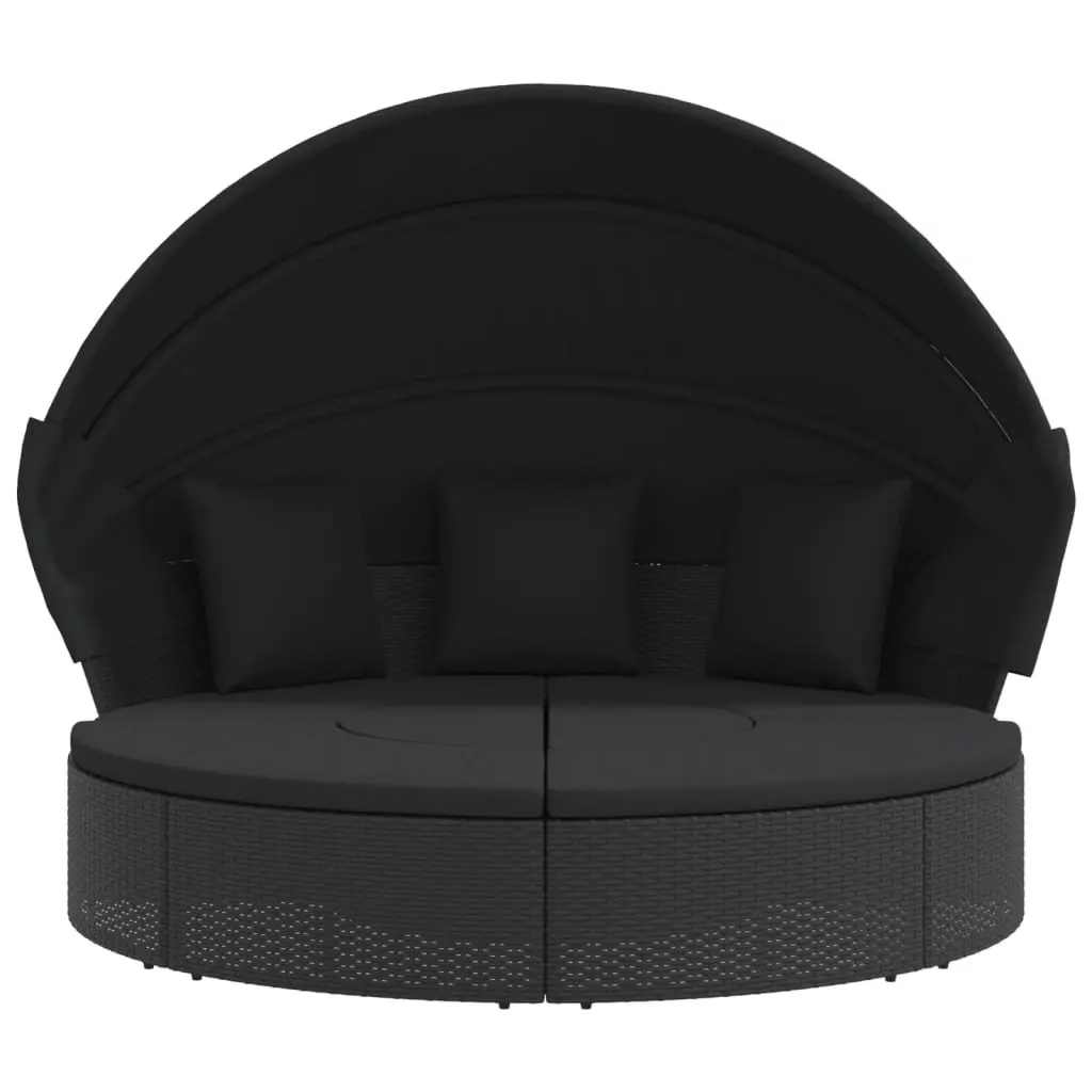 Outdoor Lounge Bed with Canopy PE Rattan Cushions Black Powder-coated Steel