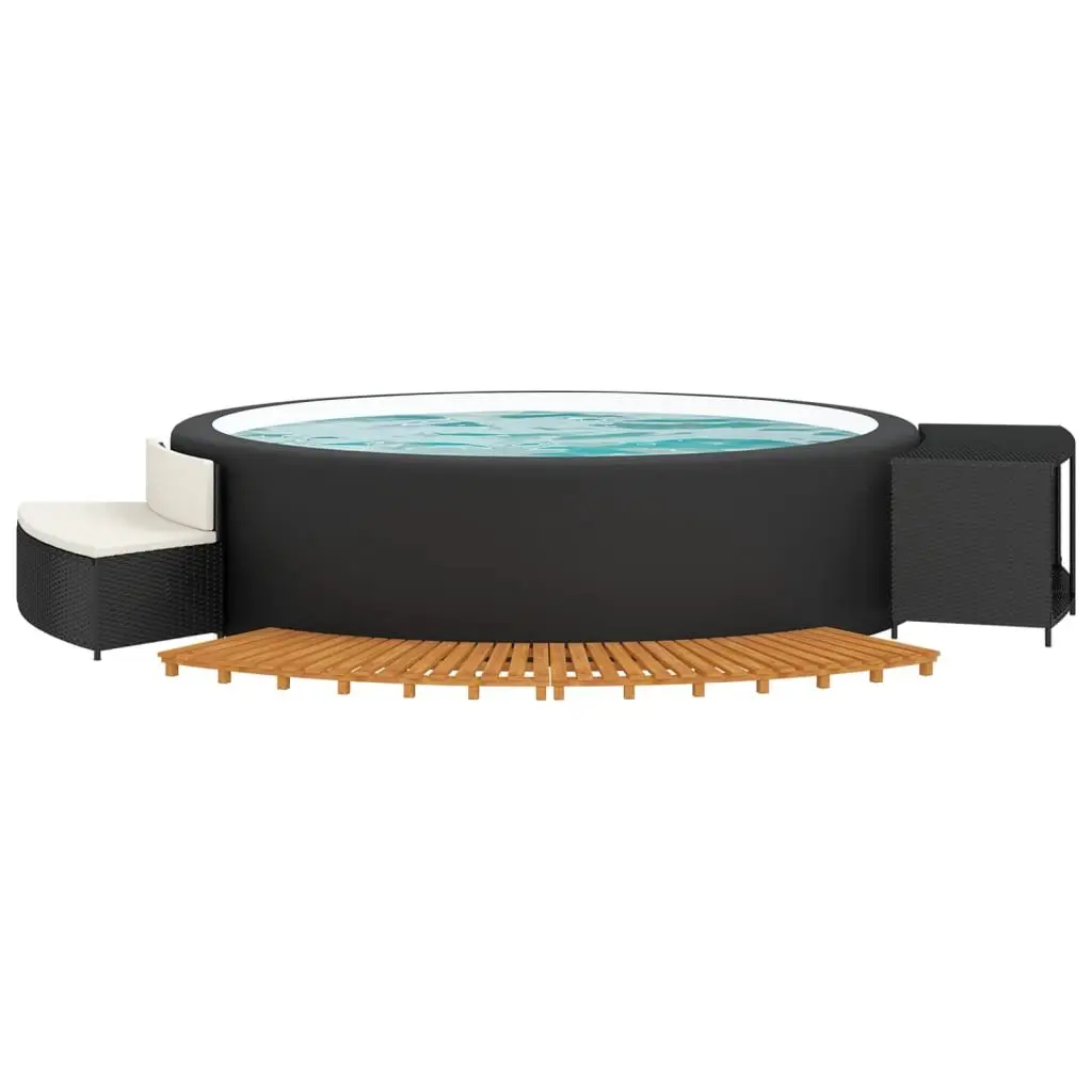 Hot Tub Surround PE Rattan Black Outdoor Spa Bench Storage Shelf Acacia Wood
