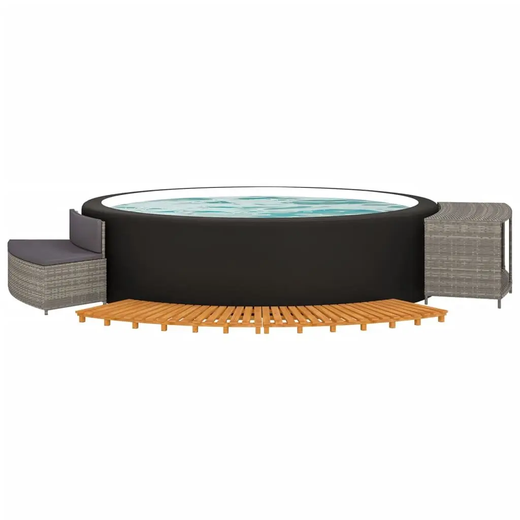 Hot Tub Surround Spa Bench Storage Shelf Grey Poly Rattan Acacia Wood Frame