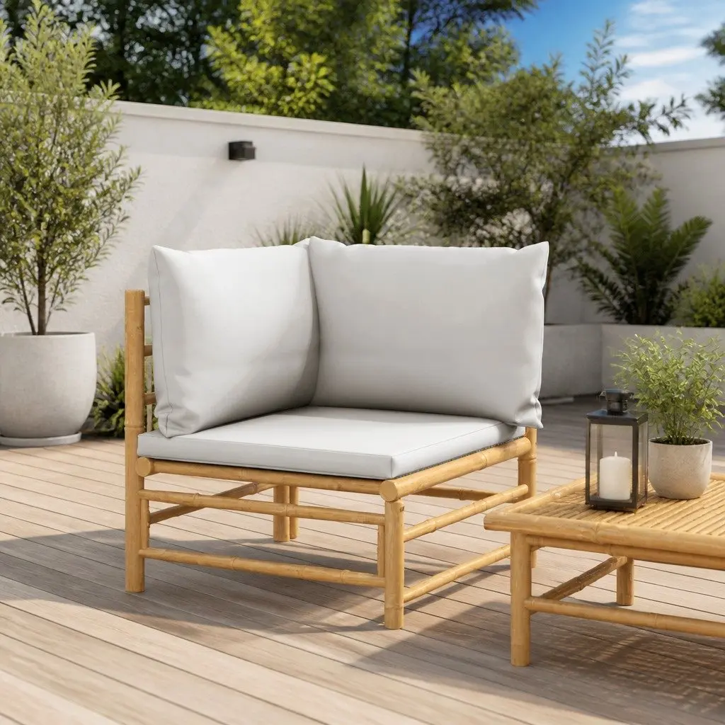 Corner Sofa Unit Bamboo Frame Grey Cushions Outdoor Garden Seating