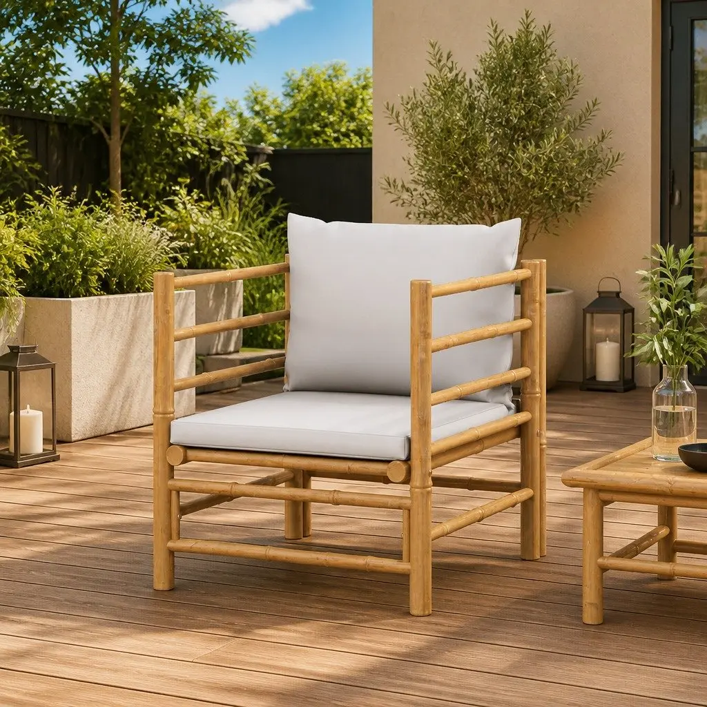 Outdoor Sectional Sofa Bamboo Frame Modular Grey Cushions