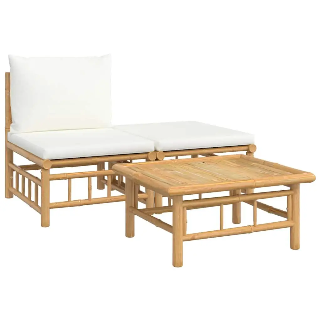 3 Piece Bamboo Outdoor Lounge Set with Coffee Table and Cream White Cushions