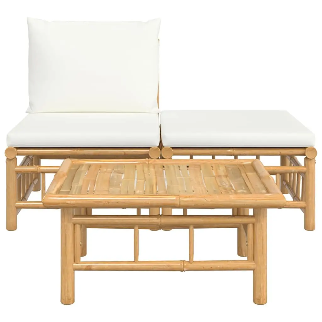 3 Piece Bamboo Outdoor Lounge Set with Coffee Table and Cream White Cushions