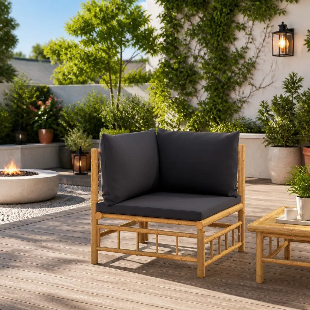 Outdoor Corner Sofa Bamboo Modular Sectional with Grey Cushions