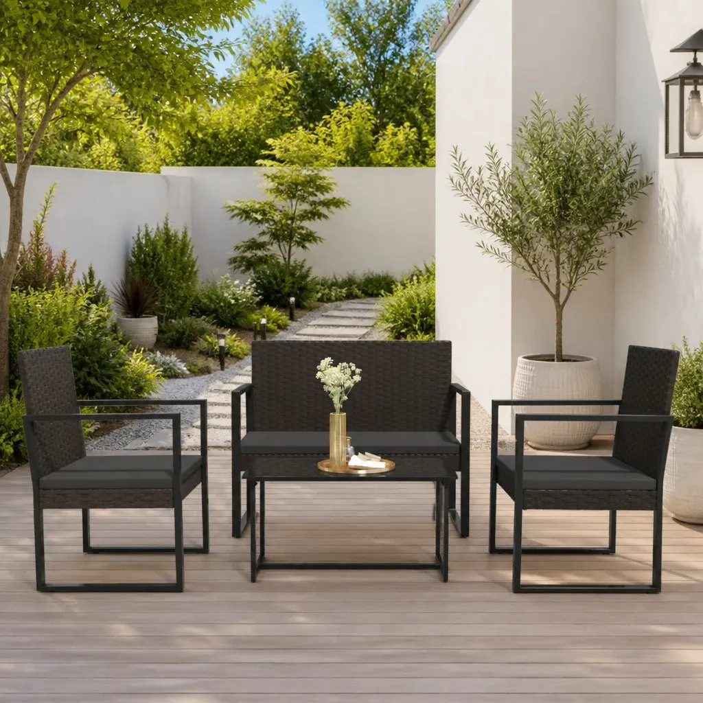 Outdoor Garden Bench Black 106cm Poly Rattan with Cushions Weather Resistant Seating