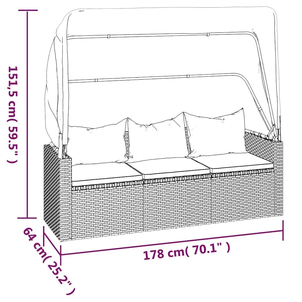 3-Seater Garden Sofa with Adjustable Roof and Footstool Grey