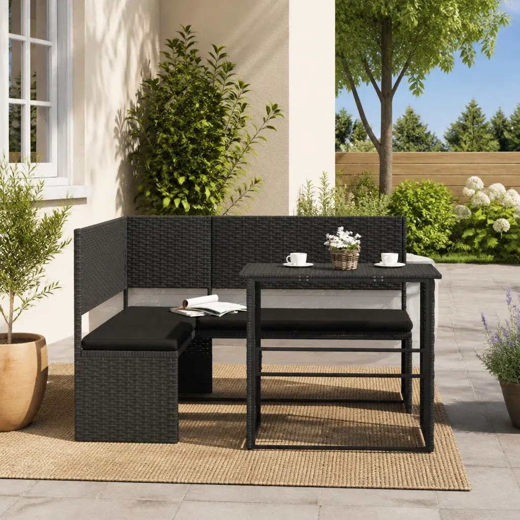 L-Shaped Garden Sofa Set with Table Black Poly Rattan Outdoor Patio Furniture