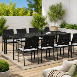 Garden Table Black 250x100x75cm Outdoor Dining Poly Rattan Steel Frame