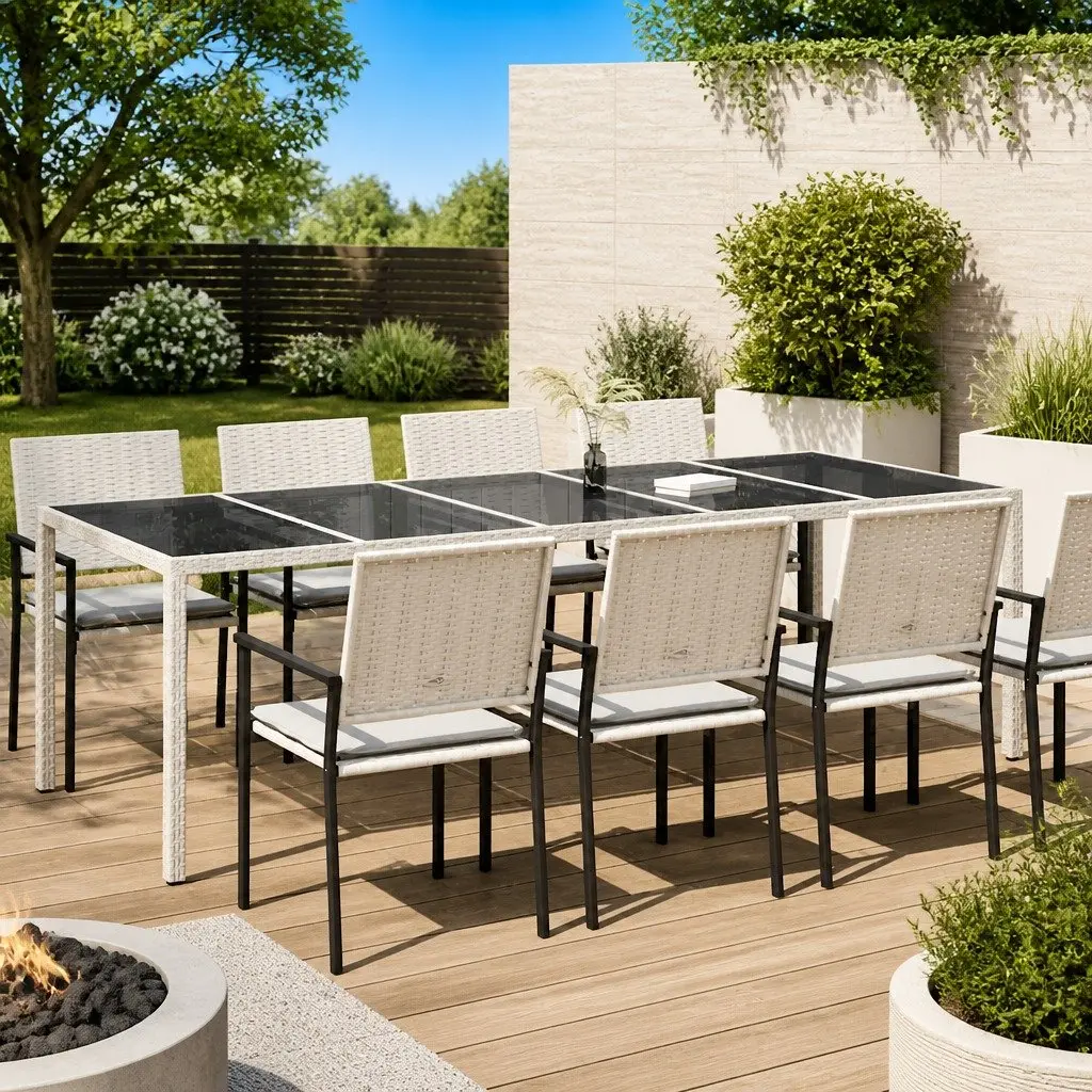Outdoor Patio Dining Table White 250x100x75cm Tempered Glass Poly Rattan Construction