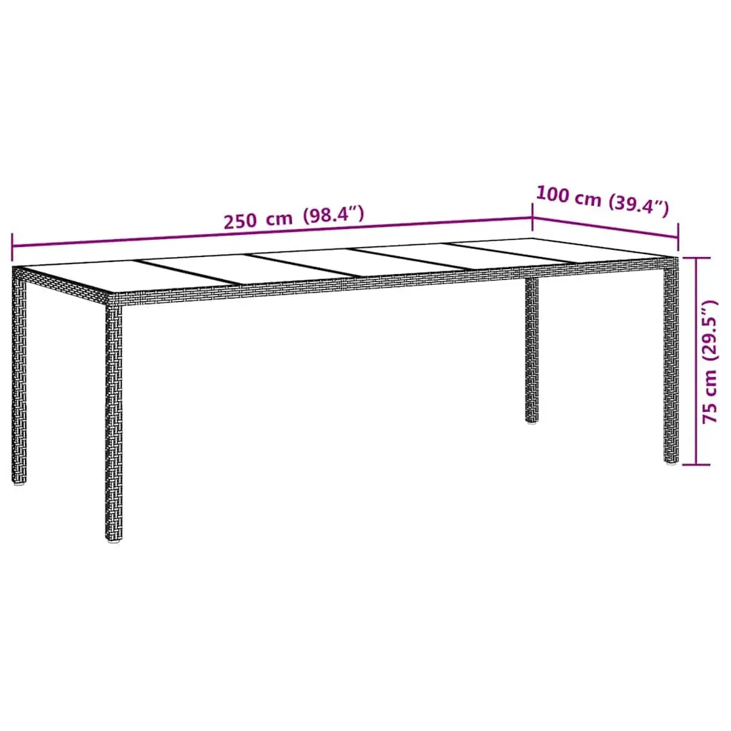 Outdoor Patio Dining Table White 250x100x75cm Tempered Glass Poly Rattan Construction