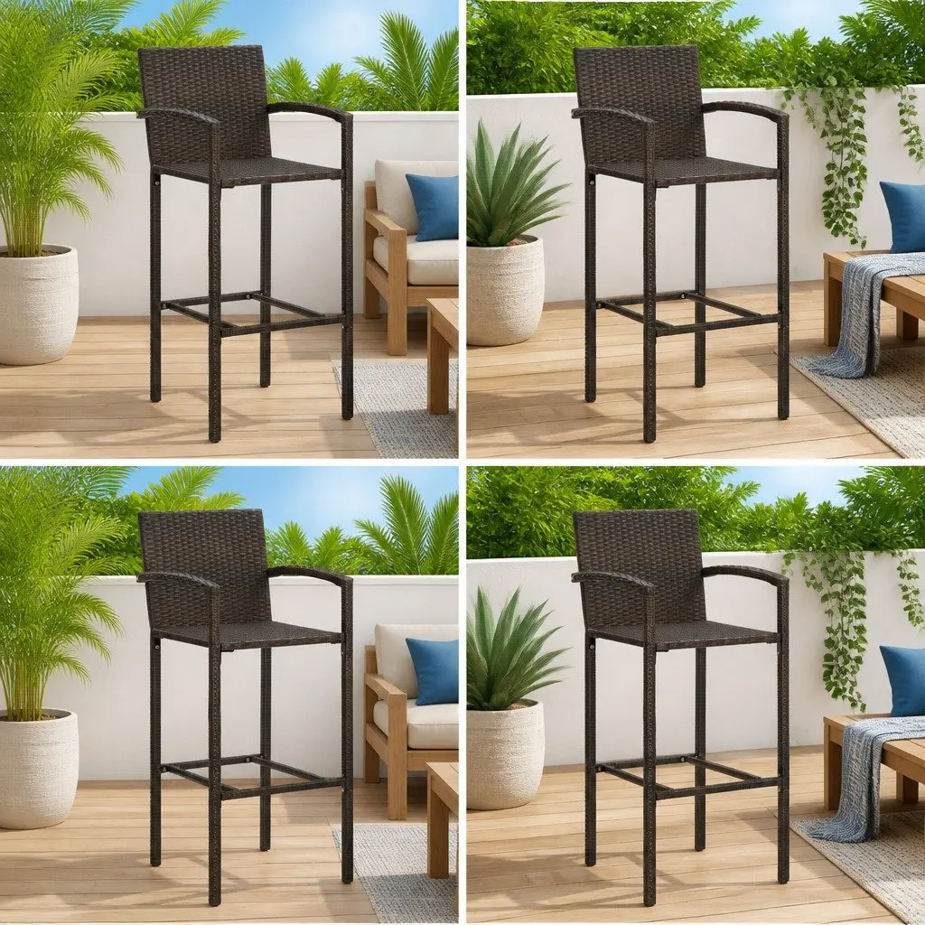 Bar Stools 4 Piece Brown PE Rattan and Steel Weather Resistant Indoor Outdoor Kitchen Seating with Armrests and Footrest