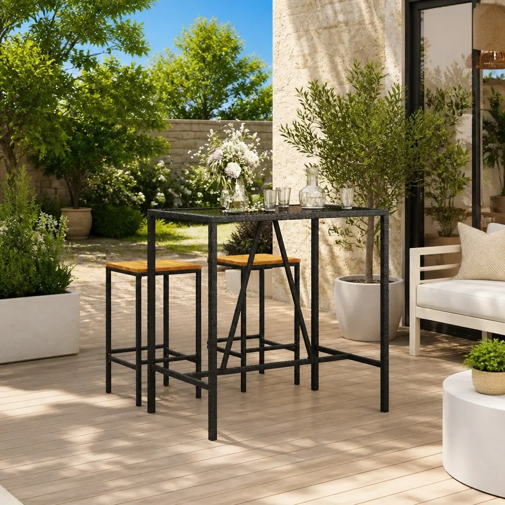 Bar Table Glass Top Black Outdoor Patio Poly Rattan Furniture