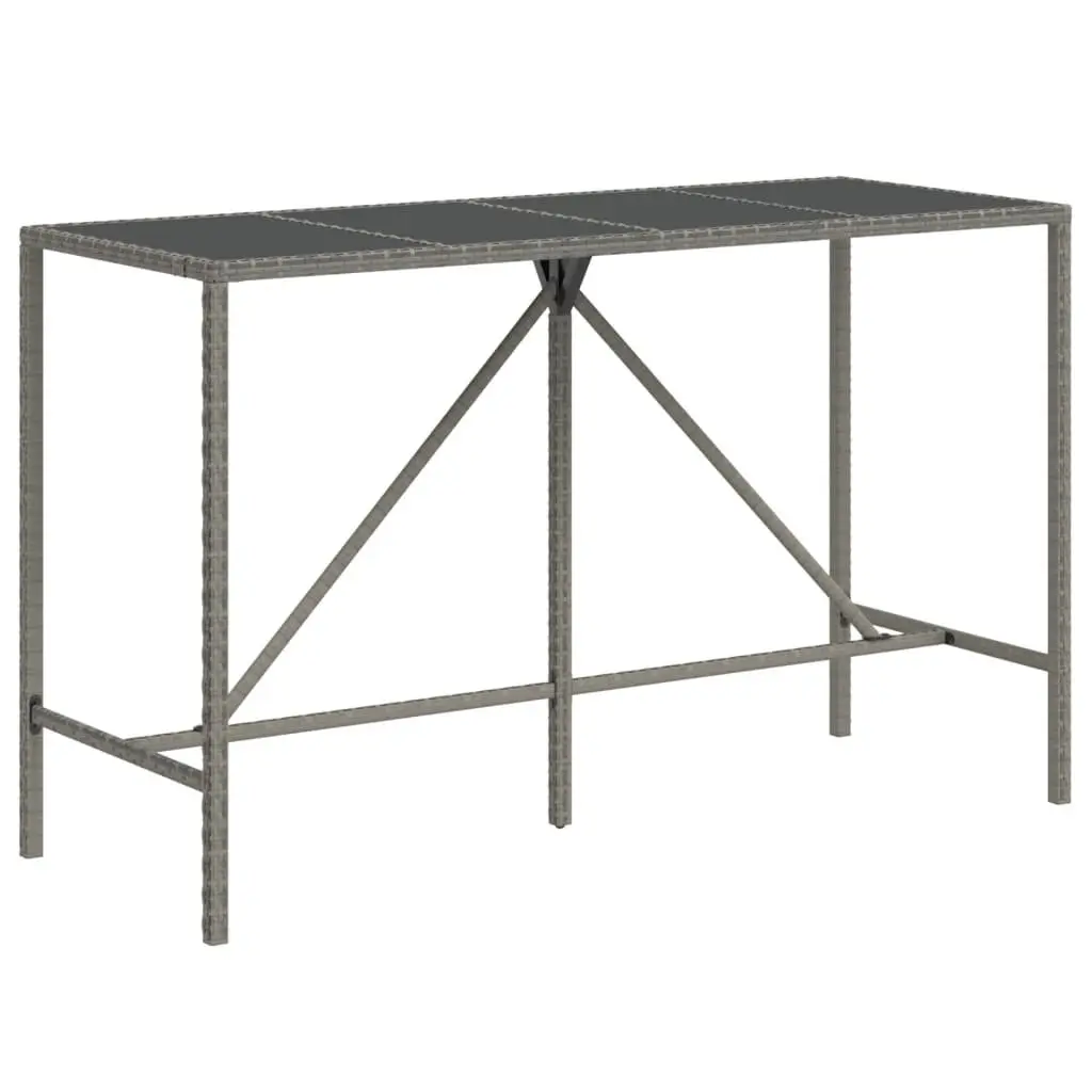 Bar Table Tempered Glass Top 180x70x110cm Grey PE Poly Rattan Outdoor Patio Furniture