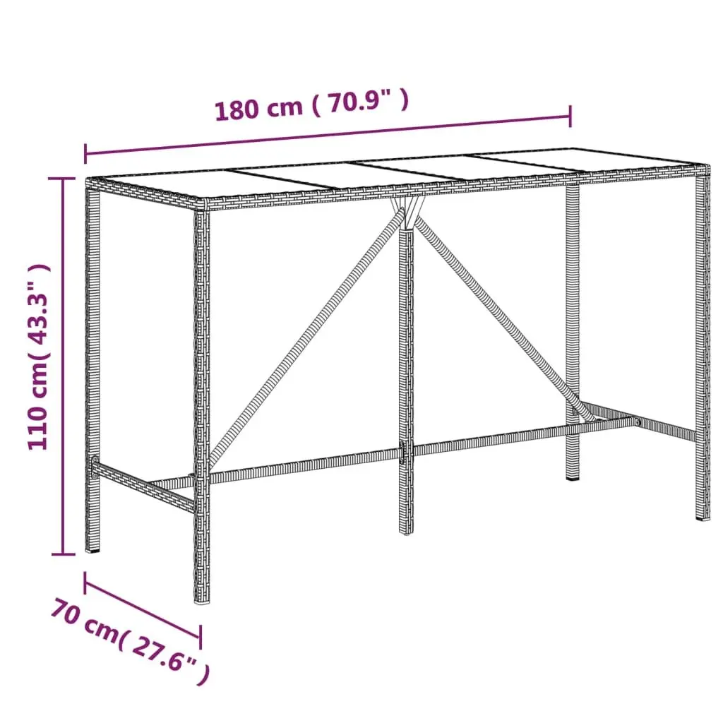 Bar Table Tempered Glass Top 180x70x110cm Grey PE Poly Rattan Outdoor Patio Furniture