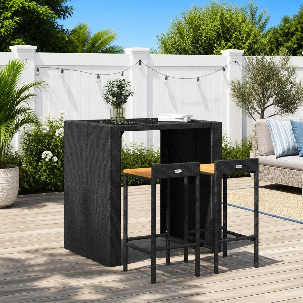 Bar Stools Poly Rattan Wooden Seat Black 2 Piece Set