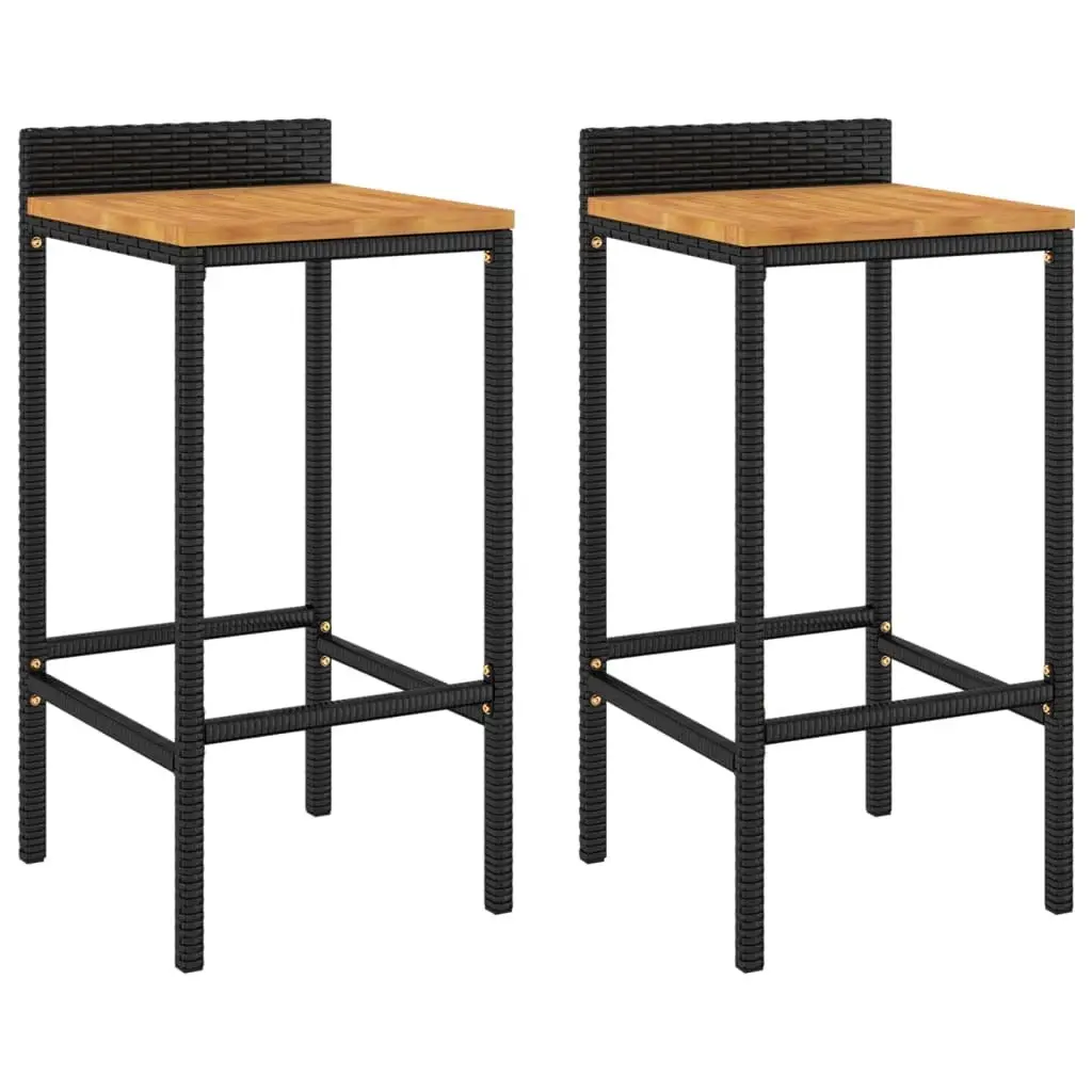 Bar Stools Poly Rattan Wooden Seat Black 2 Piece Set
