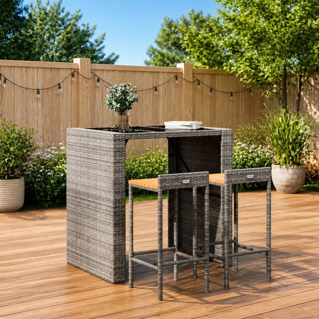 Bar Stools Rattan Wood Acacia 2 pcs Grey Outdoor Indoor