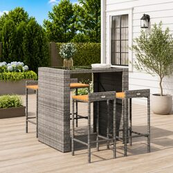 Bar Stools 4pcs Grey Poly Rattan Wooden Seat Outdoor Indoor Kitchen Dining