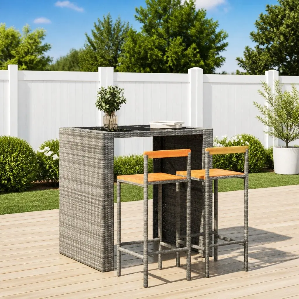 Bar Stools PE Rattan Wooden Seat 2 Piece Grey Indoor Outdoor Kitchen Counter
