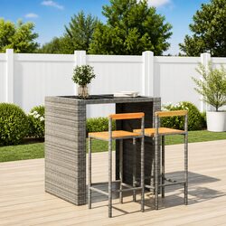 Bar Stools Set of 2 Grey Poly Rattan Wooden Seat Indoor Outdoor Kitchen Counter
