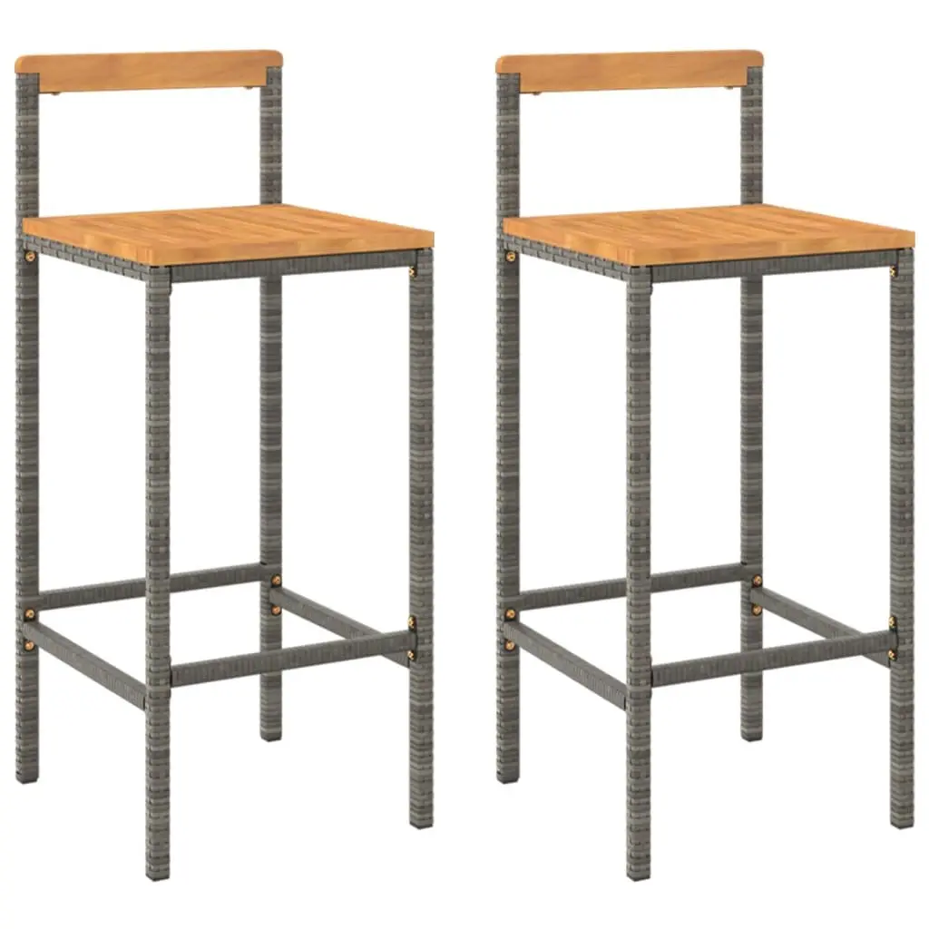 Bar Stools PE Rattan Wooden Seat 2 Piece Grey Indoor Outdoor Kitchen Counter