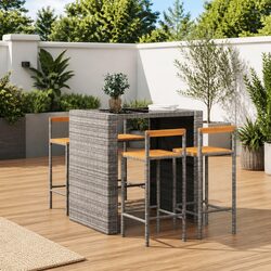Bar Stools Set of 4 Grey Poly Rattan Wooden Seat Indoor Outdoor Dining Chair