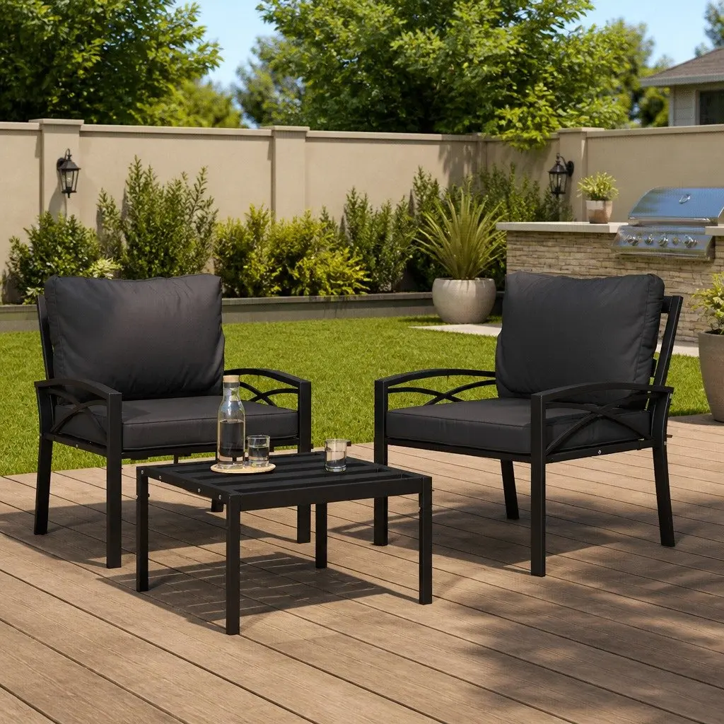 Garden Chair Steel Frame Grey Cushions Black Patio