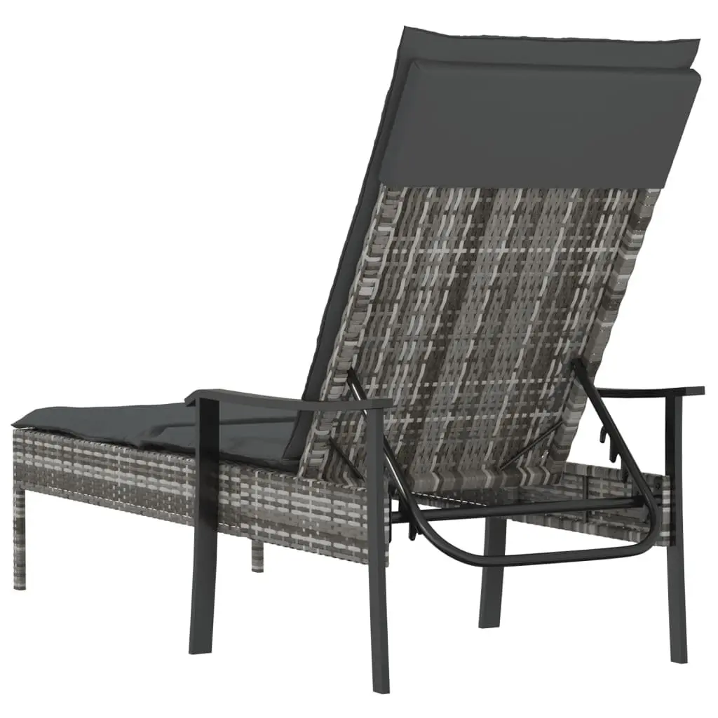 Sun Lounger Outdoor Furniture Grey Poly Rattan Adjustable Backrest Cushion
