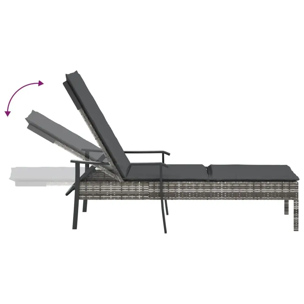 Sun Lounger Outdoor Furniture Grey Poly Rattan Adjustable Backrest Cushion