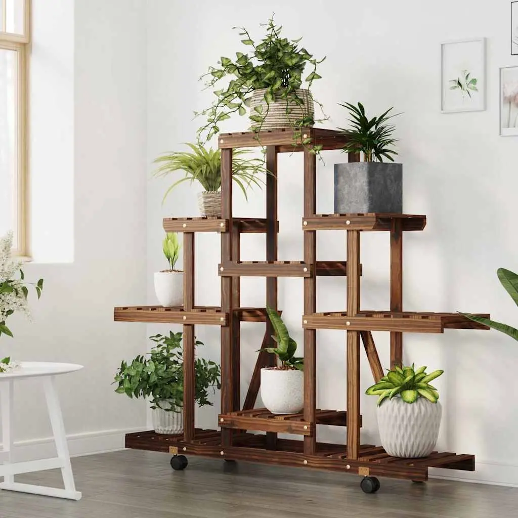 Wooden Plant Stand with Wheels Fir 110x25x101cm Brown